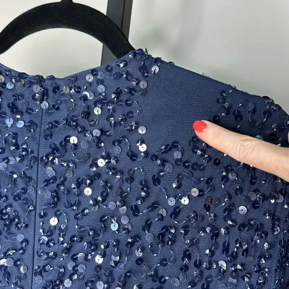 NWT MAC DUGGAL 10802 Navy Fully Sequined Ruffle Tiered 3/4 Sleeve Midi Dress - Picture 8 of 14